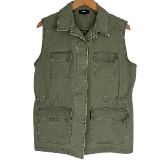 Fate Army Green Sleeveless Utility Vest Button Up Drawstring Waist Size Medium - Picture 1 of 9